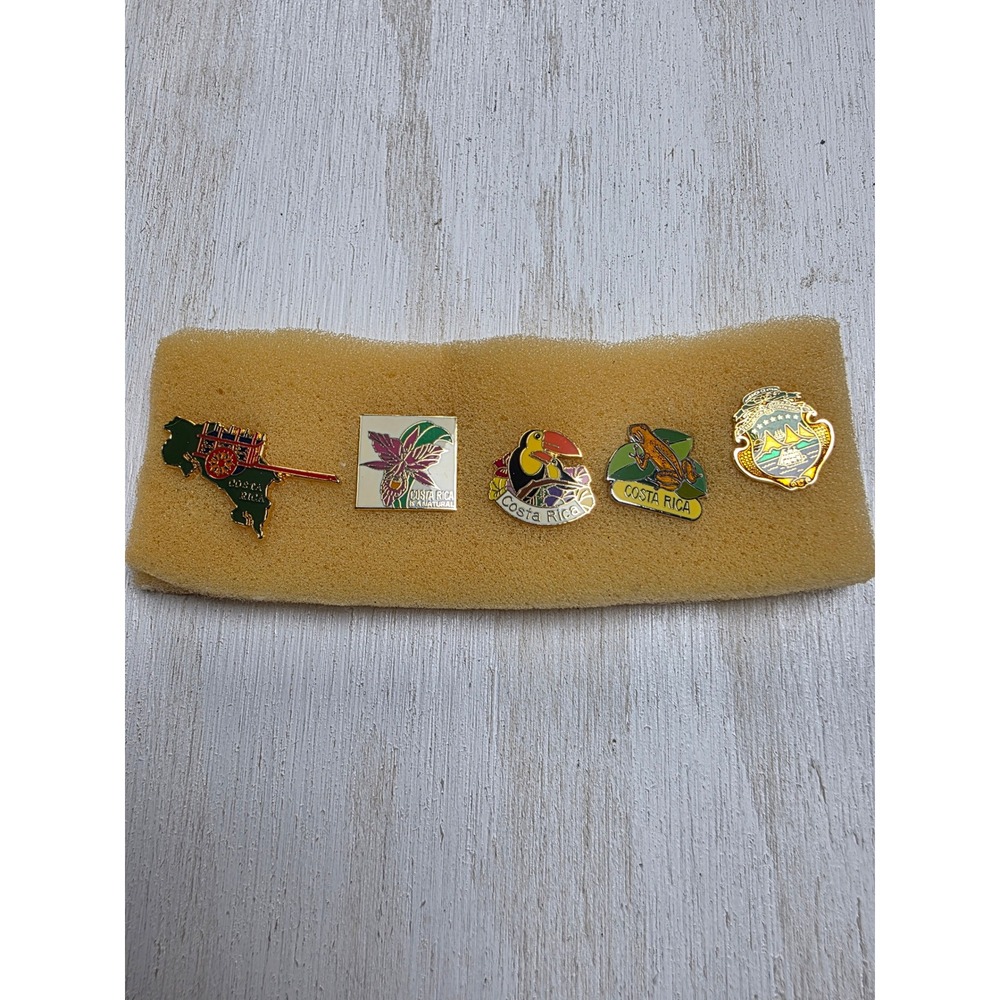 5 Costa Rica Enamel Lapel Pin Set Toucan Frog Orchid Oxcart Coat of Arm Souvenir